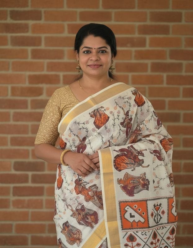 Kerala Traditional Cotton Radha Krishna all over print Sarees